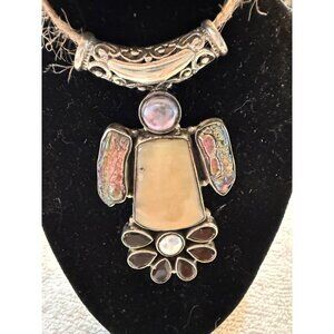 Artisan Sterling Silver Statement Pendant Abalone Iridescent Barque pearl 21.56g